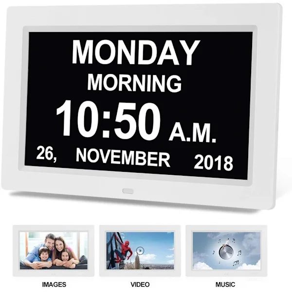 Digital kalender dagklocka fotoram (9-tums svart) - Automatisk dimningsdisplay, stor digital klocka för synskadade, med icke förkortad dag och