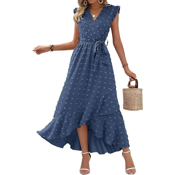 Dam V-ringad Sommarklänning 2025 Kortärmad Swiss Dot Boho Flowy Ruffle Slit Strandfest Lång Maxiklänning Cocktailklänningar