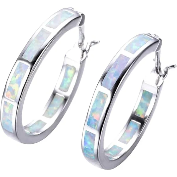 925 Sterling Sølv Dame Hoop Øreringe Skabt Blå Hvid Ild Opal Dame Smykker Ædelsten Rhodium Belagt Hoop Øreringe