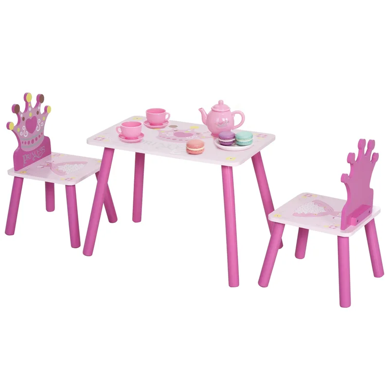 AliExpress - HOMCOM Ensemble table et 2 chaises enfant 3 pièces, pieds en bois massif, table enfant avec chaise motif couronne, pour filles e