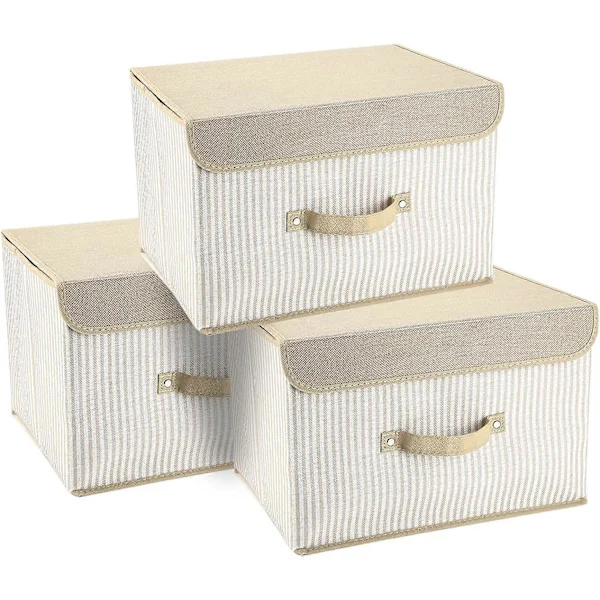 Large Foldable Storage Boxes with Lids, Linen Fabric Storage Bins for Clothes, 3-Pack Toy Box for Towels, Books, Yellow Stripes