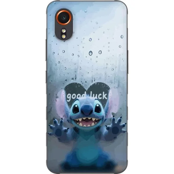 Kompatibelt mobilcover til Samsung Galaxy Xcover7 Blå sød figur bag regnfuldt glas med teksten good luck, legende motiv med vanddråber og blød stil