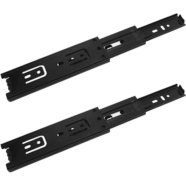 2-delt skuffeskinne. 150 mm skuffeskinne. 3-fold teleskopskinne. Fuldt udtræk skuffeskinne. Sidemonteret. Kraftig 45 kg bæreevne