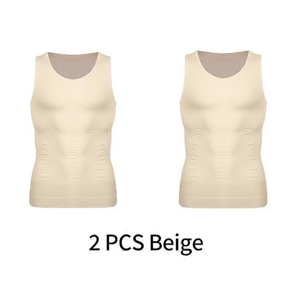 Mænd Slankende Body Shaper Vest Skjorte Abs Mave Slank Fitness Træning Mavekontrol Kompression Tank Top Ærmeløs Shapewear, Beige 2 STK