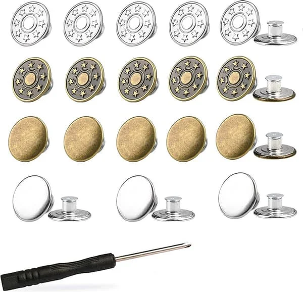 Jeansknapper, 24 deler, 17 mm, bronse og sølv, avtakbare skruegjengede nagler for jeansjakker