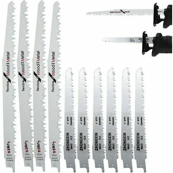 10-dels bajonettsagblad i høykarbonstål. 4 x R1021L (240mm) + 6 x R644D (150mm). For treverk. For Makita, Bosch og Dewalt sager