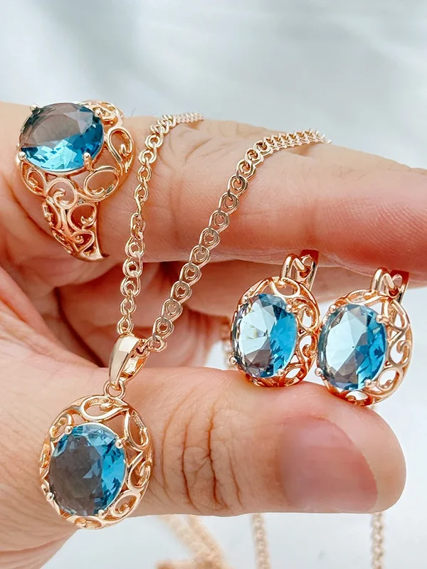 AliExpress - Kinel Hot Shiny Blue Natürliche Zirkon Schmuck Sets für Frauen Mode 585 Rose Gold Farbe Ring Ohrringe Halskette Täglichen Edlen schmuck