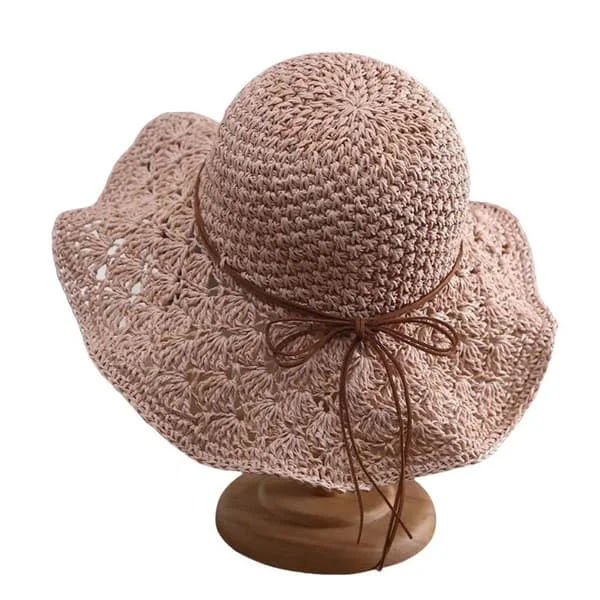 Handmade Women's Sun Hat for Summer and Beach, UV Protected Wide Brim Foldable Hat with Wave Edge, Designed for Vacation and Outdoor Use, with Tie 
