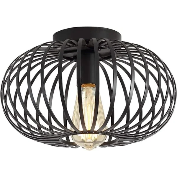Taklampa Rustik Industriell Metallbur Semi-Flush Taklampa för Hall Vardagsrum Sovrum Kök_TF_TF Svart med ljuskälla