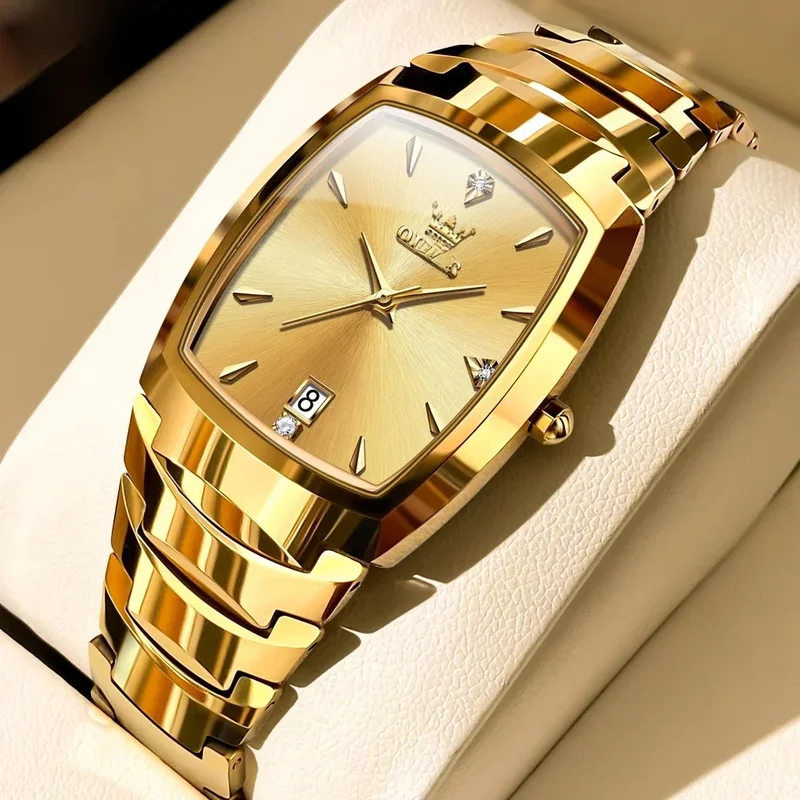 AliExpress - OLEVS-Montre à quartz étanche pour homme, bande en acier au tungstène Tonneau, authentique de haute qualité, montre-bracelet de luxe, 