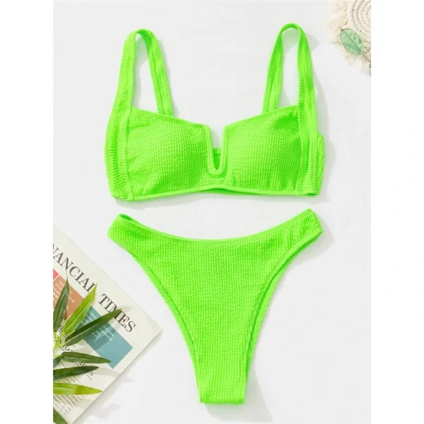 Baddräkt Rynkad V-ringad Dam Baddräkt Hög Midja Bikini Kvinnor Tvådelad Bikini Set Badkläder Neon Grön Neon Green M