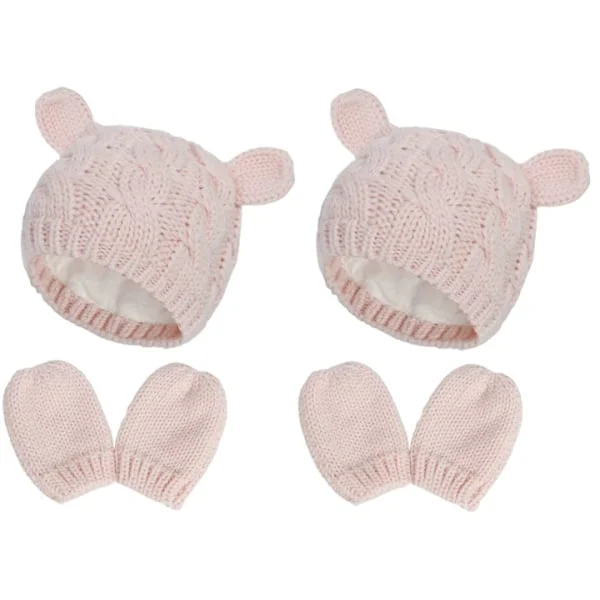2 x Gulligt stickat set med mössa och vantar för bebis, Medium, Rosa