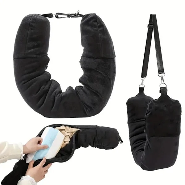 Stuffbar Travel Neck Pillow, Velvet Travel Pillow with Clothing Storage, Flight and Car, 3+ Days Packing_TF_TF Black