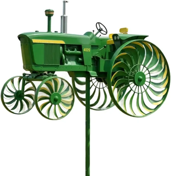 Garden Wind Spinner, Green Tractor Wind Spinner with Rotating Wheels for Patio, Garden, Unique Outdoor Sculpture, Decorative Gift for Friends and 