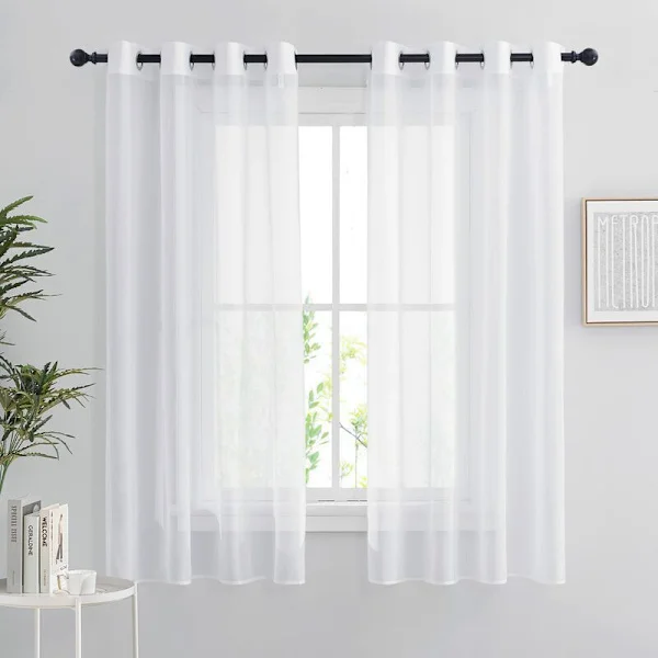 Hvite Skjære Gardiner, Sett med 2 Korte Gardiner 132 x 160 cm Hjemmeinnredning Soverom Kjøkken, Organza Tyll med Maljer Transparent Lysfiltrering, 