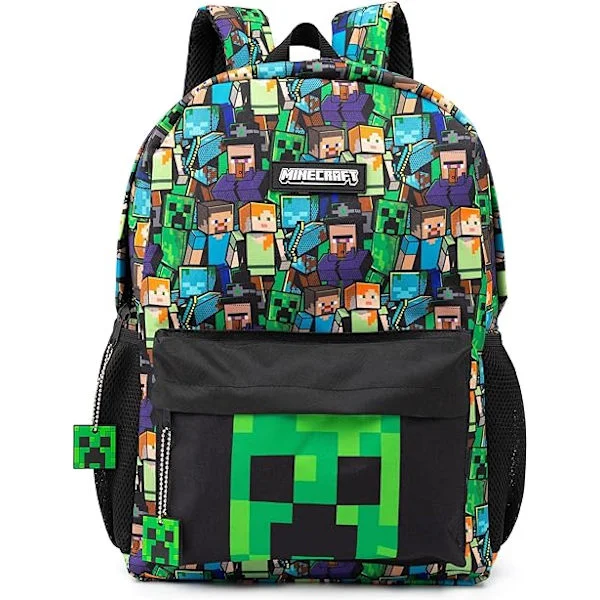 Minecraft Ryggsäck För Pojkar | Barn Gamer Svart Skolryggsäck | Grön Creeper Zombie Skelett Enderman & Grottspindel