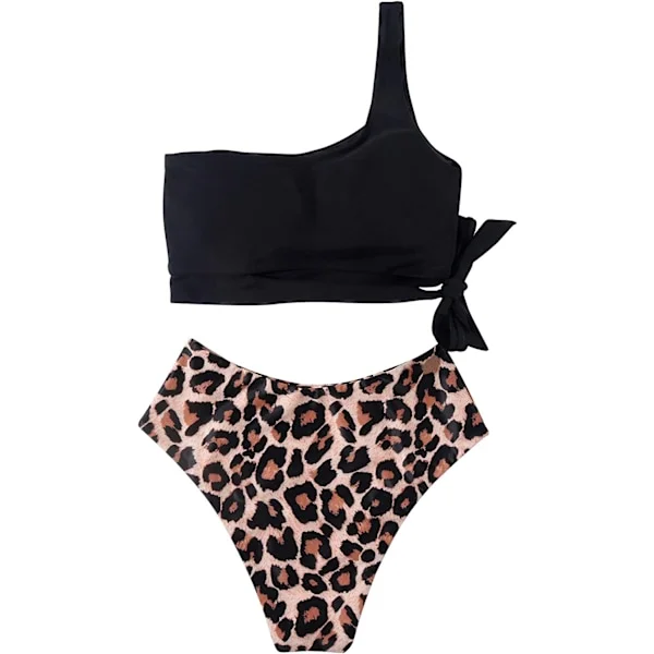 Dames One Shoulder High Waist Bikini Lace Up High Cut Todelt Badedrakt for Ferie, Svømming, Basseng (Svart + Leopard) XL
