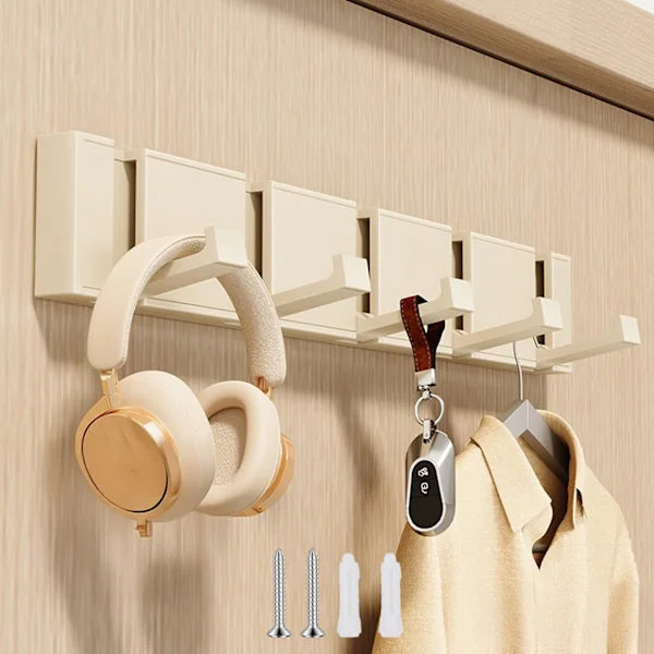 Wall-mounted coat rack with 5 retractable hooks, modern floating coat rack with screws, wall hook for bathroom, bedroom, kitchen, hallway, cream white