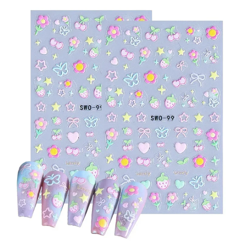 AliExpress - 2 stuks zoete element nail art stickers eenvoudige bloem hart kersen aardbei kawaii stickers kleurrijke boog vlinder manicure sliders
