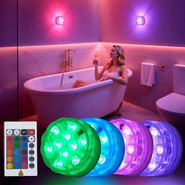 Trådlös LED-duschlampa med fjärrkontroll, vattentät RGB-färgskiftande lampa för badrum och badkar, batteridriven stämningsbelysning