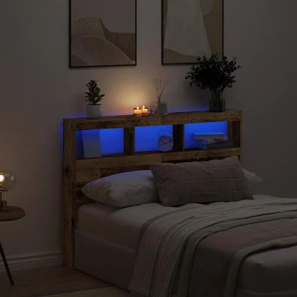 vidaXL Sänggavel med LED gammalt trä 140x17x102 cm 863128