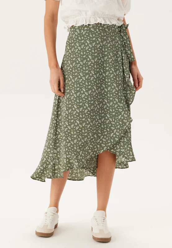 BUBBLEROOM-Midi Wrap Skirt-Khaki green/Patterned