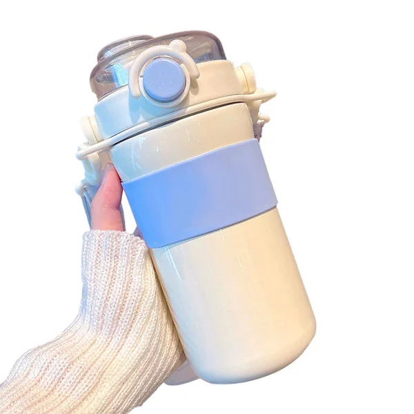 Bärbar Isolerad Termosflaska med Sugrör, 635 ml, för Flickor, Pojkar, Sport, Vit