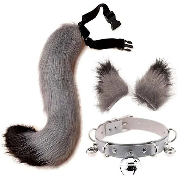 Tail and Ears Set, Long Fox Tail Cosplay Faux Fur Fox Wolf Tail Kit with Ears and Ring Collar for Kids Girls Boys Teens Women Party