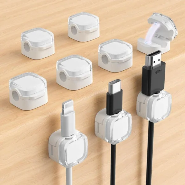 9-pack magnetiska kabelklämmor. Självhäftande laddarkabelorganisatör för hem, kontor, skrivbord, telefon, bil, vägg, nattduksbord (vit kristall)