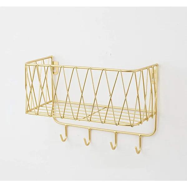Vegghylle Flytende Hylle Med Metallgitter, Vegghylle Med Kroker, Håndklestang, Veggarderobe Flytende Hjemmeinnredning
