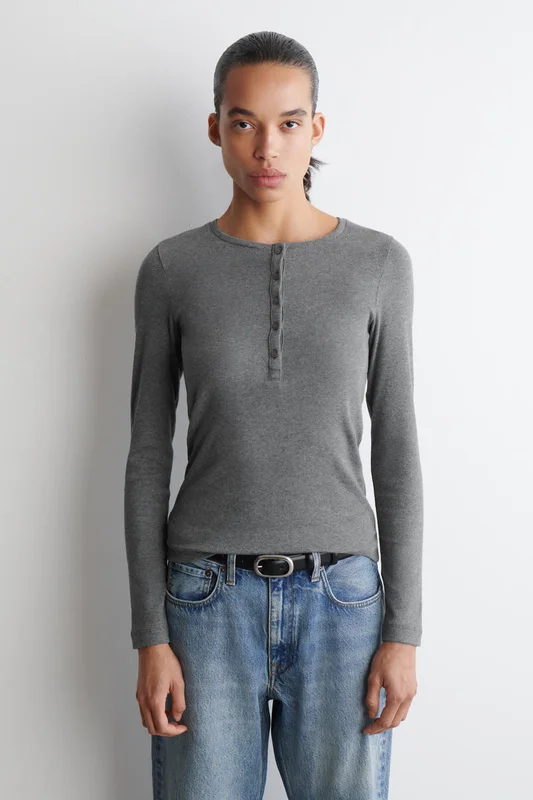 COS Women's Long Sleeve Henley Top in Grey