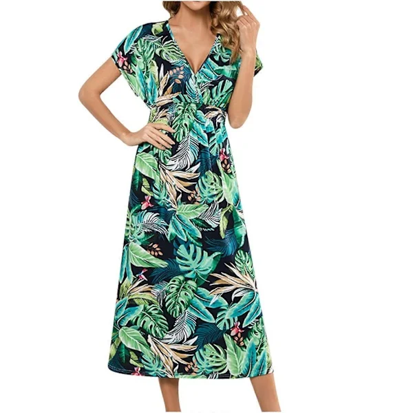 2023 Sommerkjole Dame Sommer Mode Flagermusærme V-hals Åben Ryg Blonde Print Strandkjole Sommerkjole Linnedkjole, Grøn, XL