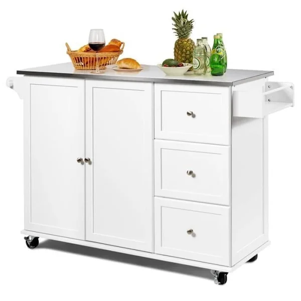 COSTWAY Köksvagn på hjul med bricka i rostfritt stål. Kitchen Island Trolley med 3 lådor, 2 dörrar och kryddställ