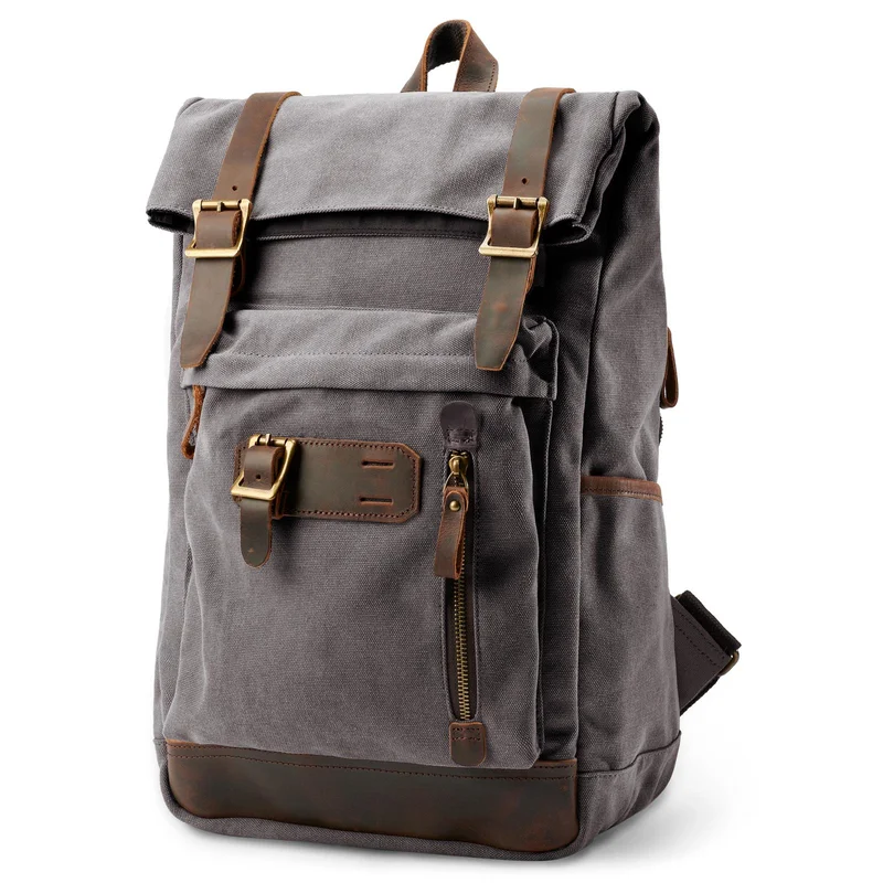 Rugged Vintage-Style Graphite Canvas & Leather Backpack for Men - Backpacks