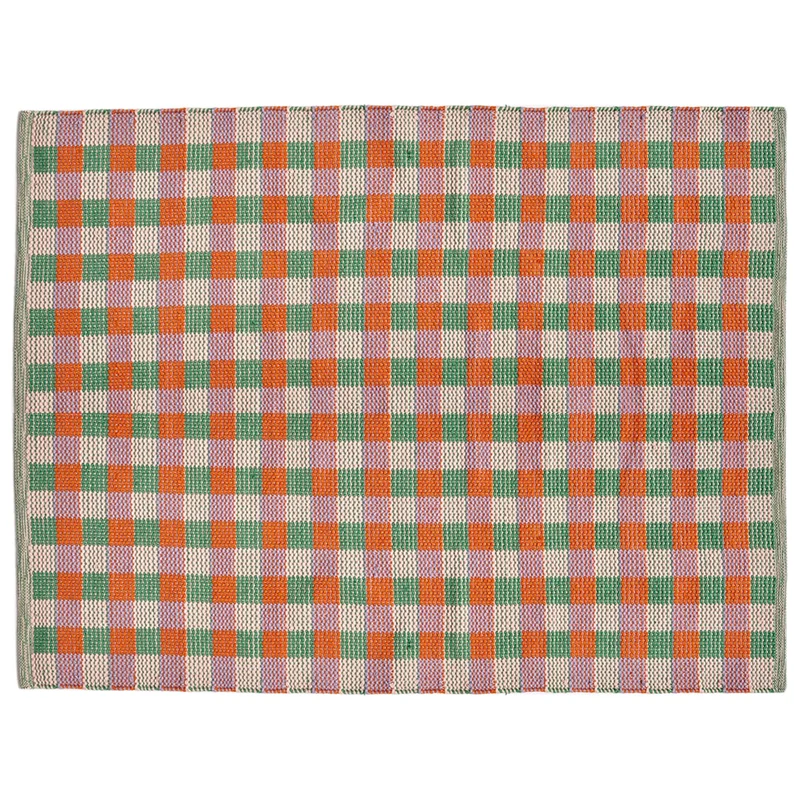 Square-Teppich, 140x200cm, Kariert in Orange, Grün und Lila, Modernes Design, Nachhaltig, Wetterfest für Innen und Außen, Flachgewebe-Stil