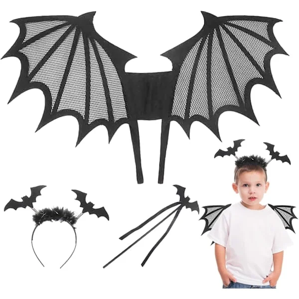 Halloween Kostyme - Svart Flaggermus, Halloween Vinger Sett for Barn med Hodebånd