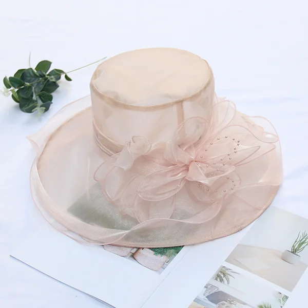 Dame Solhat med Net Blomster Dekoration Bred Skygge Strand Sol Beskyttelse Hat Organza Top Hat