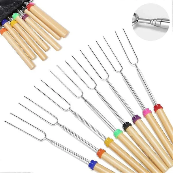 [KK] 8 pcs Marshmallow Roasting Sticks - Telescopic Skewers with Wooden Handle, Campfire Tool Compatible with Sausage Grilling with Bag【jl】