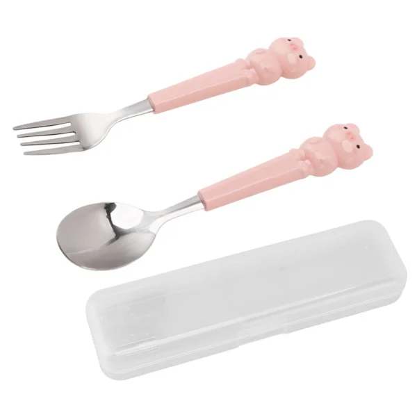 2 st Rostfritt Stål Söt Tecknad Gris Gaffel och Sked Set Barn Böjda Bestick Rosa