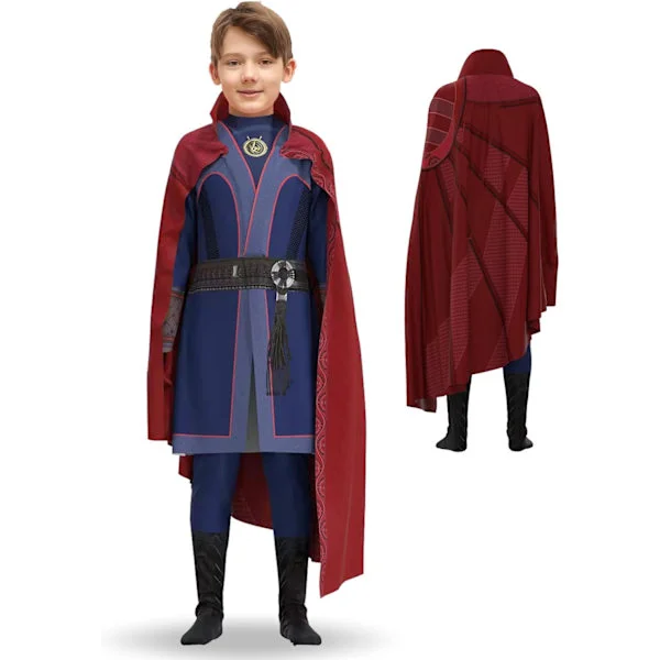2022 Barn Dr Superhjälte Strange Kostym Deluxe Overall Röd Krage Cape Outfit För Halloween Cosplay Kostymfest Maskerad (M 140CM)