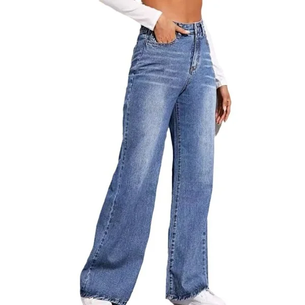Højtaljede jeans med brede ben til kvinder med løse sømkanter, vasket denim (uden linning) størrelse M