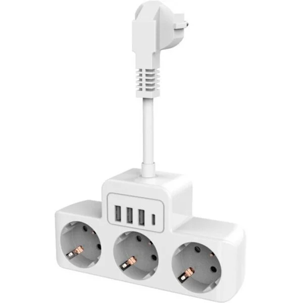 Jatkojohto yksittäisillä kytkimillä, USB C -jatkojohto pistorasia 4 pistorasialla ja 3 USB-laturilla Jatkojohto Euro Standard USB