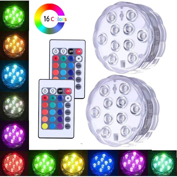 2 st Undervattens LED-lampa, Vattentät IP68, Poollampa med Fjärrkontroll, RGB 16 Färgskiftande Dammbelysningsdekoration