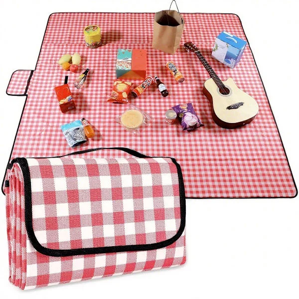 Vanntett piknikteppe med Oxford-duk og PVC-bakside, sammenleggbart lettvekt med håndtak for strandcampingreiser, rødrutete 200x200cm