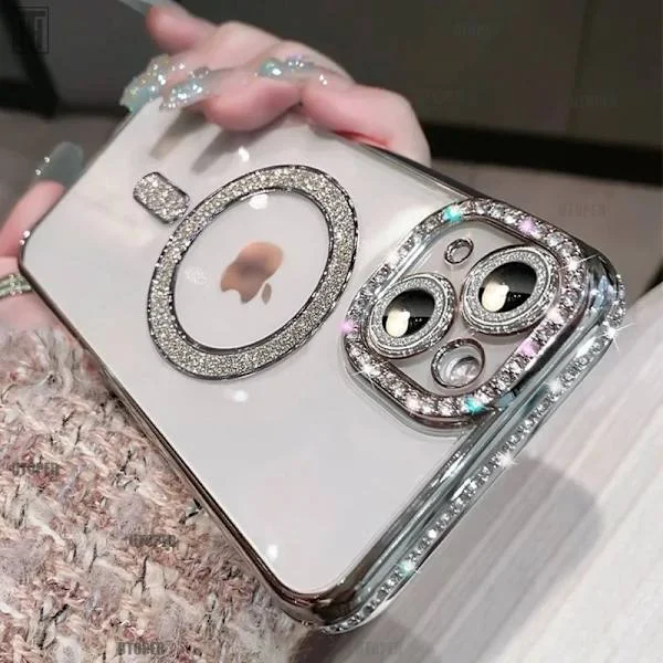 Kristall Diamant Klar Skal för iPhone 17 16 15 14 13 12 11 Pro Max Plus Bling Slät Magsafe Magnetisk Trådlös Laddningsskydd