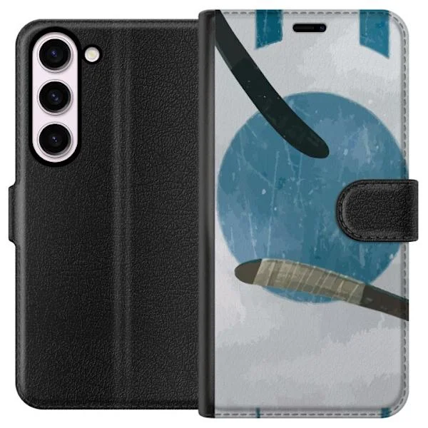 Kompatibelt Plånboksfodral till Samsung Galaxy S23 Minimalistiskt hockeymotiv med klubbor och puck i ljusblå och vita toner