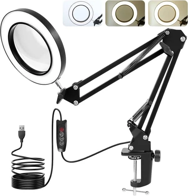 10X LED Magnifying Lamp with Real Glass Lens, 3 Color Modes and 10 Dimming Levels, Adjustable Swing Arm USB Powered C-Clamp Desk Lamp, Black