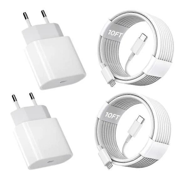 iPhone 11 12 13 14 Snabbladdare, 2-pack 20W iPhone Laddare Snabbladdningsblock Adapter med 3m USB-C till Lightning Data Synk Laddningskabel