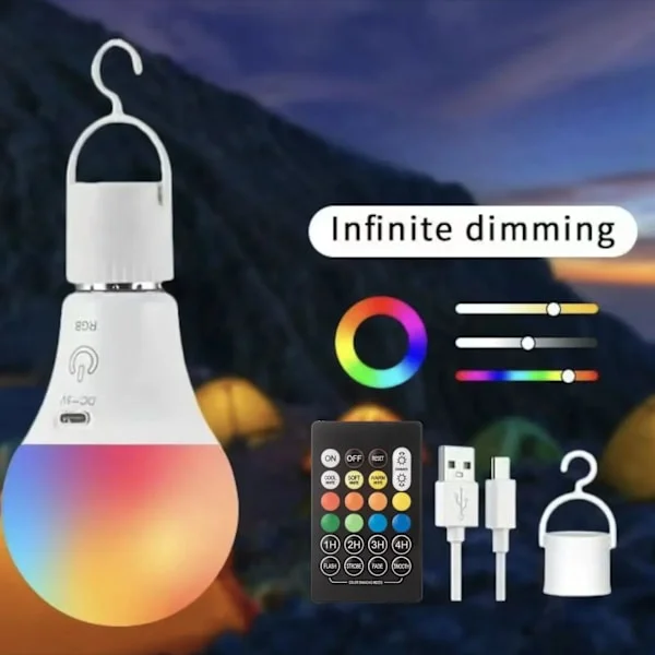 LED Genopladelig Pære med Fjernbetjening, Batteridrevne Pærer til Lamper, Smart RGB Farveskiftende Pære med Krog, E26 Sokkel Opladningspære 2W