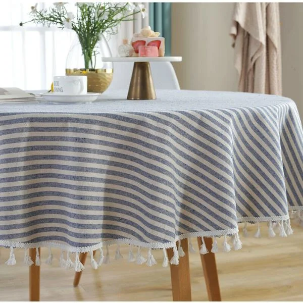 Striped Cotton Linen Tablecloth with Fringes Blue Stripes Picnic Tablecloth Decorative Background Modern Tablecloth Diameter 120cm